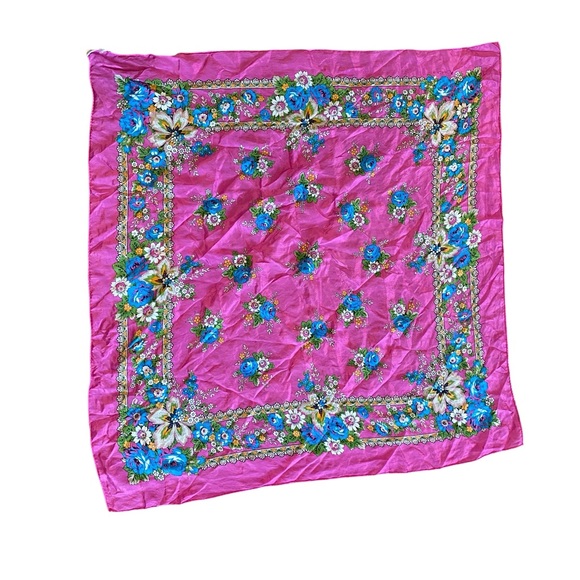 Vintage Echo Pink and Blue Floral Silk Scarf Medium Size - Picture 1 of 5